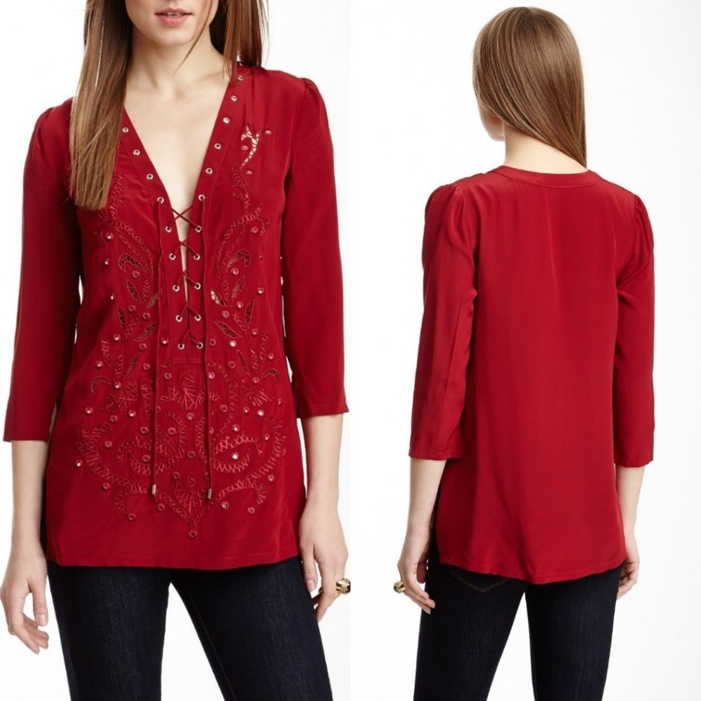 NWT Cluny Embroidered Embellished Silk Lace Up Top